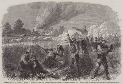 Der Bürgerkrieg in Amerika, Kampf bei Hainsville am oberen Potomac, Vormarsch der Wisconsin-Männer (Föderalisten) auf die Position der Sezessionisten (Stich) von English School