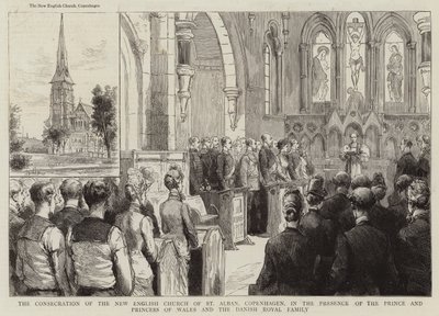 Die Weihe der neuen englischen Kirche St Alban in Kopenhagen in Anwesenheit des Prinzen und der Prinzessin von Wales und der dänischen Königsfamilie (Gravur) von English School