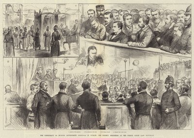 Die Verschwörung zur Ermordung von Regierungsbeamten in Dublin, die zwanzig Gefangenen am letzten Samstag vor dem Polizeigericht von English School