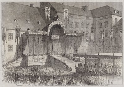 Die Krönung des Königs und der Königin von Preußen, die Proklamation im Schlosshof, Königsberg (Stich) von English School