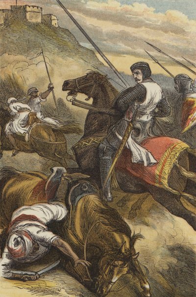 Der Graf von Joinville schlägt die Sarazenen bei Mansourah zurück (farbige Gravur) von English School
