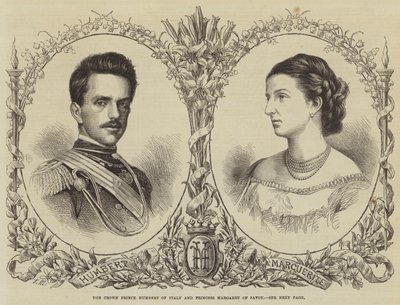 Kronprinz Humbert von Italien und Prinzessin Margarete von Savoyen (Gravur) von English School