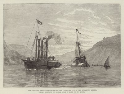 Das Zylinderschiff Cleopatra verlässt Ferrol im Schlepptau des Dampfschleppers Anglia (Gravur) von English School