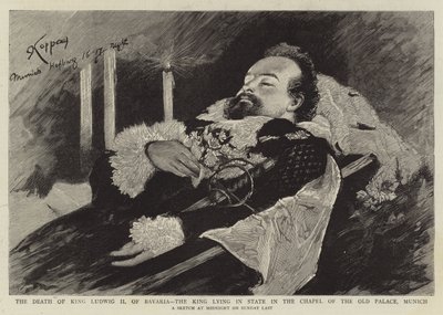 Der Tod von König Ludwig II. von Bayern, der König aufgebahrt in der Kapelle des alten Palastes, München von English School