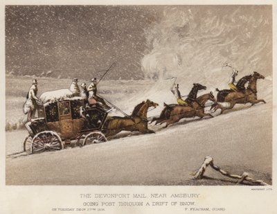 Die Devonport-Post, nahe Amsbury, durch einen Schneeverwehung fahrend von English School