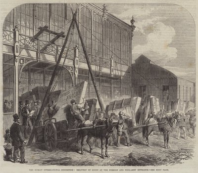 Die Dubliner Internationale Ausstellung, Lieferung von Waren am Eingang für Ausländer und Schöne Künste (Stich) von English School