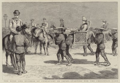 Der Herzog und die Herzogin von Connaught in Japan, Abfahrt zum Chiuzenjii-See (Gravur) von English School