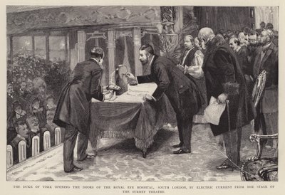 Der Herzog von York öffnet die Türen des Royal Eye Hospital, South London, durch elektrischen Strom von der Bühne des Surrey Theatre von English School