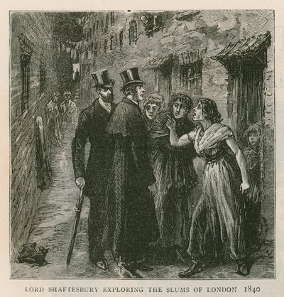 Der Earl of Shaftesbury; Erkundung der Slums von London, 1840 von English School
