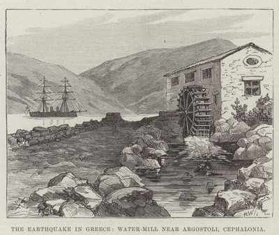 Das Erdbeben in Griechenland, Wassermühle bei Argostoli, Cephalonia (Gravur) von English School