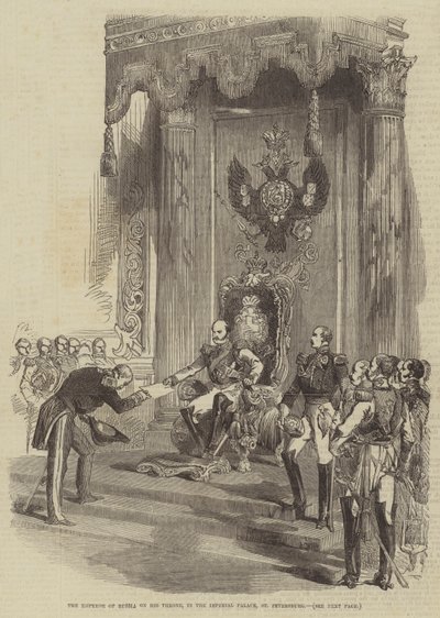 Der Kaiser von Russland auf seinem Thron im Kaiserpalast, St. Petersburg von English School
