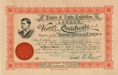 Das Empire of India Exhibition, London, offizielles Besuchszertifikat eines Aufstiegs auf das Größte Rad der Welt; das Große Rad, Earls Court von English School