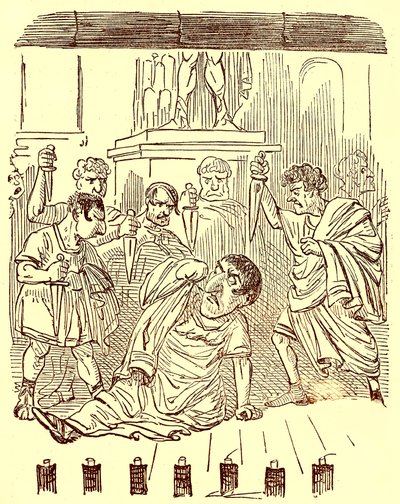 Das Ende von Julius Caesar, Illustration aus Die komische Geschichte Roms von Gilbert Abbott a Beckett, veröffentlicht um 1850 von English School