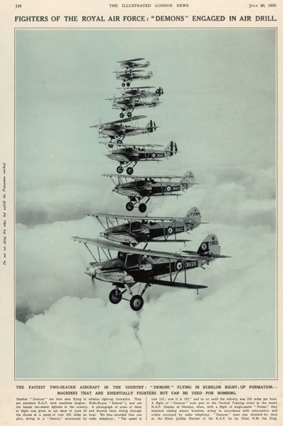 Das schnellste Zweisitzer-Flugzeug des Landes: Dämonen fliegen in gestaffelter Formation, aus The Illustrated London News Royal Naval and Military Number, 20. Juli 1935 von English School