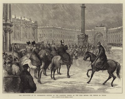Die Festlichkeiten in St. Petersburg, Überprüfung der Garnisonstruppen durch den Zaren vor dem Prinzen von Wales (Stich) von English School