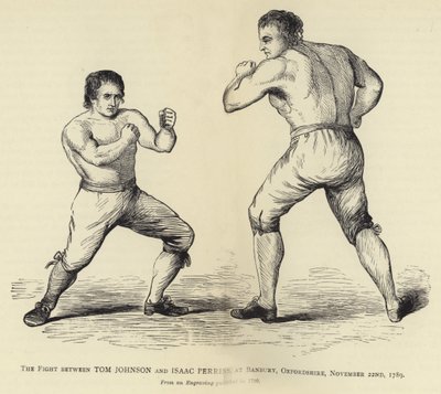 Der Kampf zwischen Tom Johnson und Isaac Perrins, in Banbury, Oxfordshire, 22. November 1789, nach einem Stich veröffentlicht 1790 von English School