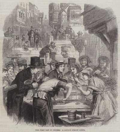 Der erste Tag der Austern, eine Straßenszene in London (Stich) von English School