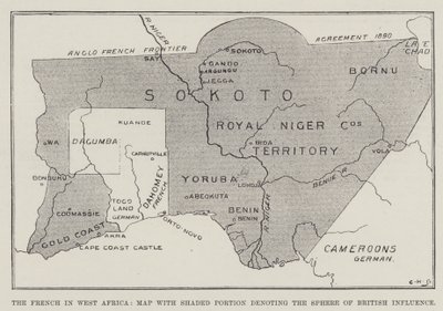 Die Franzosen in Westafrika, Karte mit schattiertem Bereich, der die britische Einflusszone zeigt (Lithografie) von English School