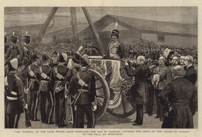 Die Beerdigung des verstorbenen Prinzen Louis Napoleon, der Duc de Bassano befestigt das Kreuz der Ehrenlegion am Sarg in Woolwich von English School