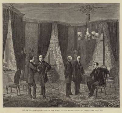 Die Genfer Schiedsgerichtsbarkeit, Raum im Hotel de Beau Rivage, wo die Schiedsrichter sich erstmals trafen (Stich) von English School