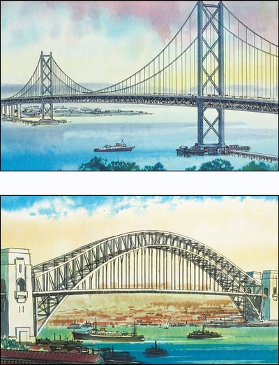 Die Golden Gate Bridge in San Francisco und die Sydney Harbour Bridge von English School