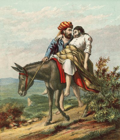 Der barmherzige Samariter, der sich um den verwundeten Reisenden kümmert von English School