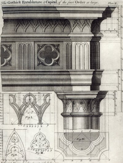 Das gotische Gebälk und Kapitell des ersten Ordens, 1741 von English School