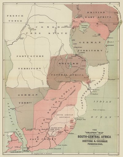 Die Grafik-Karte von Süd-Zentralafrika, die die britischen und deutschen Besitzungen zeigt (Farblithografie) von English School