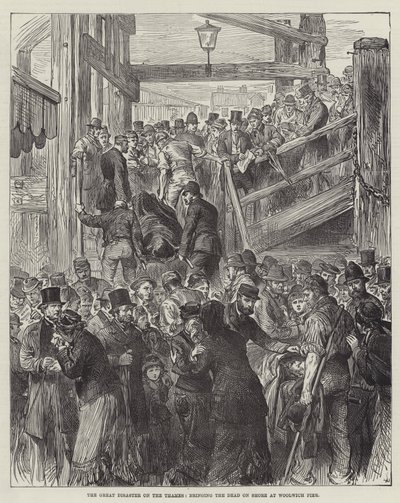 Die große Katastrophe auf der Themse, die Toten werden am Woolwich Pier an Land gebracht (Gravur) von English School