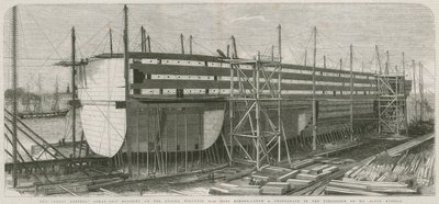 Das Dampfschiff Great Eastern; Bau auf den Stocks, Millwall von English School