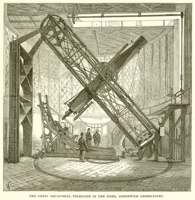 Das große Äquatorialteleskop in der Kuppel des Greenwich-Observatoriums von English School