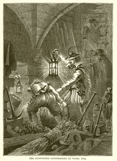 Die Pulververschwörer bei der Arbeit, 1605 von English School