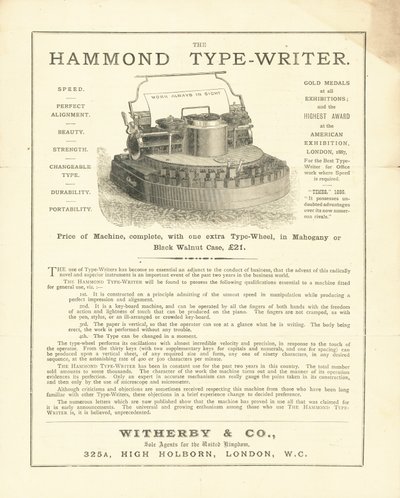 Die Hammond-Schreibmaschine von Wetherby & Co, High Holborn, London von English School