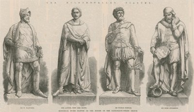 Der Holborn-Viadukt: Historische Steinfiguren auf den Häusern der Farringdon Street Bridge von English School
