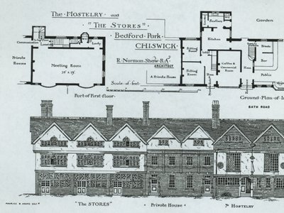 Das Gasthaus und die Läden, Bedford Park, Chiswick, aus The Building News, 1877 von English School