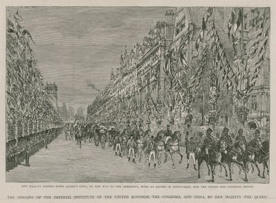 Das Imperial Institute: Ihre Majestät passiert das Queens Gate auf dem Weg zur Eröffnungszeremonie, begleitet von einer Eskorte aus Lifeguards und indischen und kolonialen Truppen von English School