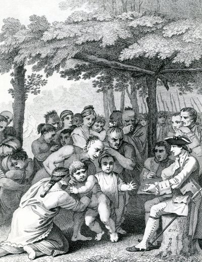 Die Indianer übergeben die englischen Gefangenen an Colonel Bouquet in der Nähe seines Lagers an den Gabelungen von Muskingham in Nordamerika, graviert von Canot, 1764 von English School