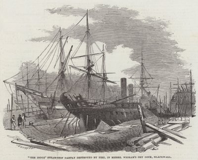 Dampfschiff „The Indus“ teilweise durch Feuer zerstört, in Messers Wigram