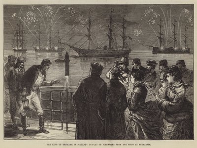 Der König von Dänemark in Island, Feuerwerk von den Schiffen in Reykjavik (Gravur) von English School