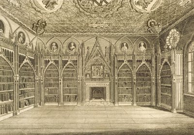 Die Bibliothek, graviert von Godfrey, aus der Beschreibung von Strawberry Hill von Horace Walpole, 1784 von English School