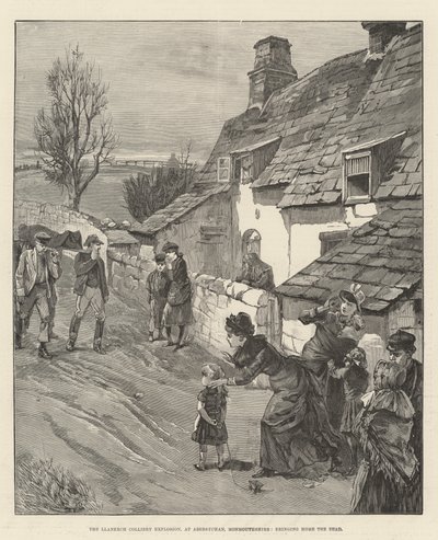 Die Explosion im Llanerch-Kohlenbergwerk in Abersychan, Monmouthshire, Heimbringen der Toten (Gravur) von English School