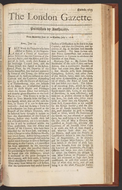The London Gazette, Ausgabe 5655, Seite 1, 28. Juni 1718 von English School