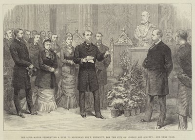 Der Lord Mayor überreicht eine Büste an Alderman Sir F. Truscott für die City of London Art Society (Gravur) von English School