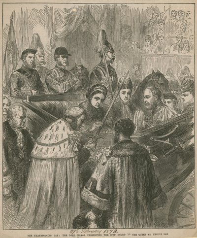Der Lord Mayor überreicht der Königin das Stadtschwert am Temple Bar von English School