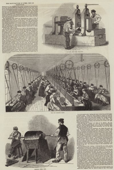 Die Herstellung von Stahlfedern in Birmingham (Stich) von English School