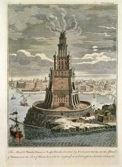 Der Marmorturm oder Leuchtturm, errichtet von Ptolemaios Soter auf der Insel Pharos, nahe dem Hafen von Alexandria von English School