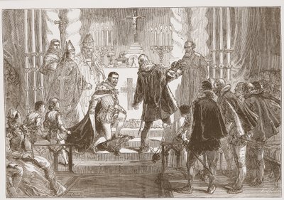 Der Marschall von Polen fordert den Eid vom Herzog von Anjou, Illustration aus The History of Protestantism von James Aitken Wylie, veröffentlicht 1878 von English School