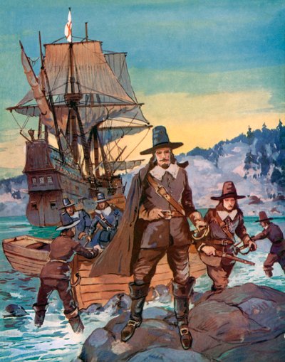 Die Mayflower und die Pilgerväter (Farblithographie) von English School