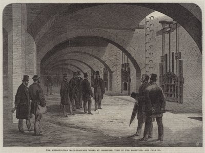 Die Hauptentwässerungsarbeiten der Metropole in Crossness, Blick in das Reservoir von English School