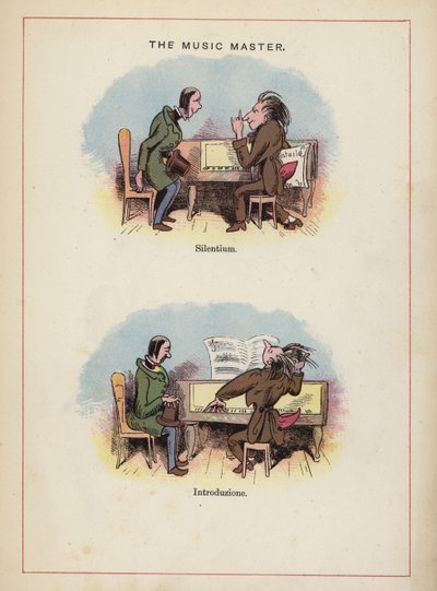 Der Musiklehrer - verschiedene Arten, Klavier zu spielen (Farblithografie) von English School